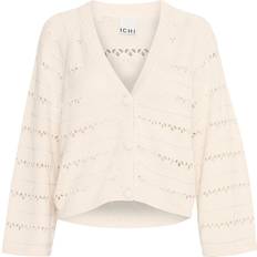 Solid Colours - Unisex Cardigans Ichi Feminine Knit Sweater with V-Neck - Beige