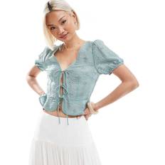 L Blouses Stradivarius Flowing Embroidered Blouse With Knots - Khaki
