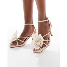 White - Women Heeled Sandals New Look Women's Off White Faux Leather Orchid Applique Sandals - White