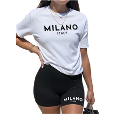 Shein Women Summer Casual Letter Printed Short Sleeve TShirt And Shorts pcsSet