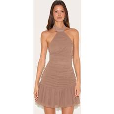 PrettyLittleThing Mushroom Chiffon Halter Neck Mini Dress - Mushroom
