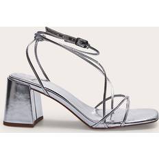 Grey - Women Heeled Sandals PrettyLittleThing Silver Pu Round Toe Strappy Mid Block Heeled Sandals - Grey