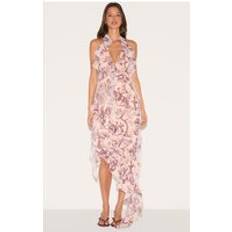 PrettyLittleThing Stone Chiffon Print Frill Detail Plunge Midaxi Dress - White