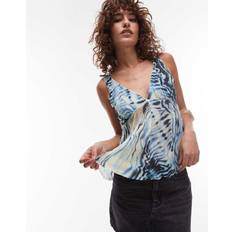 Mesh Tank Tops Topshop Crinkle Mesh Print V Neck Top - Blue