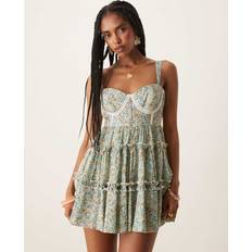 Trim Corset Ruffle Mini Dress Blue
