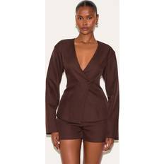 PrettyLittleThing Tailored Cinched Waist Asymmetric Blazer - Deep Chocolate