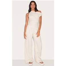 Guld Jumpsuits & Overaller PrettyLittleThing Stone Twist Sleeve Linen Ruched One Sleeve Jumpsuit - White