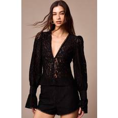 PrettyLittleThing Sheer Lace Plunge Puff Sleeve Blouse - Black