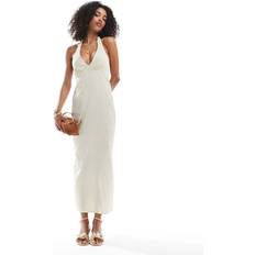 Bershka Halterneck Linen Maxi Dress - Ecru Stripe