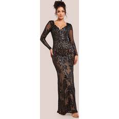 Goddiva Sequin Leaf Long Sleeve Maxi Dress - Black