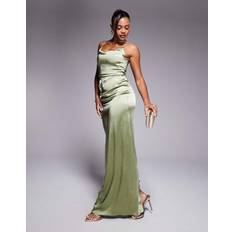 Satin Strappy Maxi Dress With Split - Khaki/Green