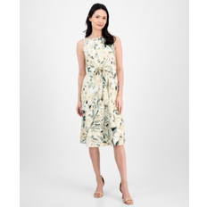 Anne Klein Women's Linen Blend Floral-Print Tie-Waist Sleeveless Dress - White Dove