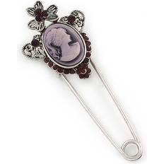 Crystal Brooches Avalaya Crystal Cameo Safety Pin Brooch - Silver Tone
