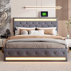 Beds & Mattresses Metro Lane Linen Upholstered With LED Lights USB Ports & 4 Drawers Super King Frame Bed