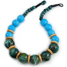 Women - Wood Necklaces Avalaya Chunky Colour Fusion Wood Bead Necklace - Light Blue/Teal/Natural