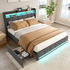 Ivy Bronx Linen Upholstered With LED Charging Ports 140 x 200 cm Grey Frame Bed