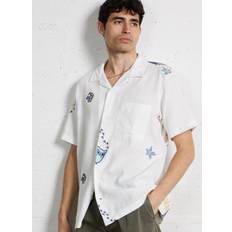 Knowledge Cotton Apparel Box Fit Short Sleeve Shirt With Embroidery - White