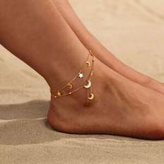 Anklets Timber Tones Luxe Tones Cassia Double Layer Celestial Moon and Star Gold Anklet - Multi One Size