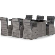 Bloomsbury Market 7 Piece Garden With Cushions Black Poly Rattan - Gray Patio Dining Set, 1 Table incl. 6 Chairs