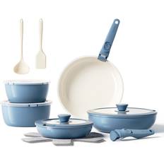 Ebern Designs 16 Piece Non-Stick Aluminum Blue Cookware Set with lid