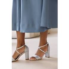 Grey Heeled Sandals Where's That From Aceline Mid High Block Heel Sandals With Cross Over Ankle Strap - Grey
