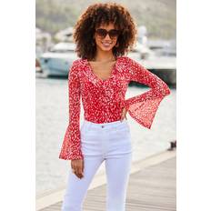 Spot Print Mesh Ruffle Wrap Top - Red/White