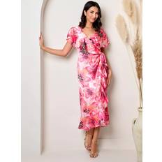 Chi Chi London Flutter Sleeve Satin Wrap Dress - Pink