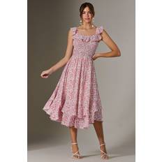 Ruffle Shirred Bodice Midi Dress - Pink
