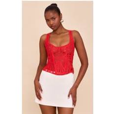 Röda Korsetter PrettyLittleThing Tomato Red Textured Sheer Floral Square Neck Corset