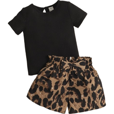 Shein Baby Keyhole Back Tee & Leopard Print Paperbag Waist Shorts
