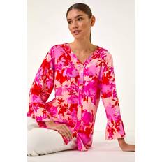 Pink Blouses Roman Floral Print Flare Sleeve Blouse - Pink