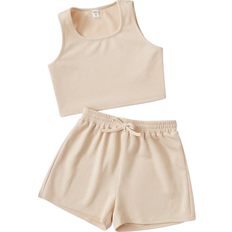 Shein Girls Solid Tank Top & Knot Front Shorts