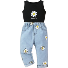 Shein Baby Girls' Holiday Style Cute Floral Printed Vest And Loose Comfortable Elastic Waist Jeans Set
