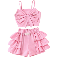 Shein Toddler Girls' Cute Pearl Decor Stud & Bowknot Design Sleeveless Top And Shorts 2pcs/Set Spring/Fall Outfits