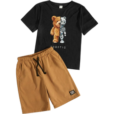 Shein Tween Boy Bear & Letter Graphic Tee & Drawstring Waist Shorts