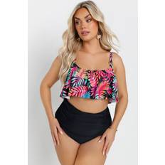 Yours Curve Black Tropical Print Frill Bikini Top - 20