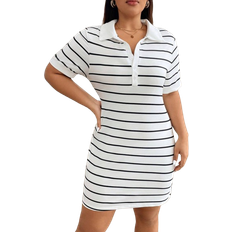 Shein Plus Women Turndown Collar Button Contrast Color Striped Stretchy Casual Vacation Striped Dress