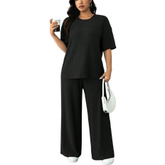 Shein Plus Plain Round Neck Short Sleeve Casual Top And Pants Set