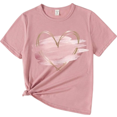 Shein Tween Girls Simple Heart Print Short Sleeve Crew Neck TShirt