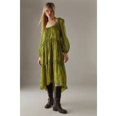 Warehouse Womens Snake Shadow Stripe Ruffle Square Neck Smock Midi Dress - Gold