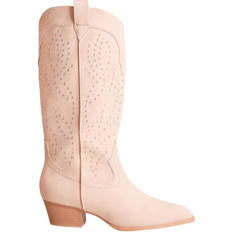 Glamorous Studded Western Knee Boots - Cream/Pink