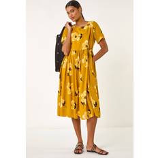 Roman Yellow Floral Print Smock Midi Dress - Yellow