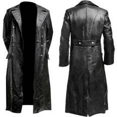 Kikidex Mens Black Trench Leather Coat Full Length Classic Faux Leather Coat - Black