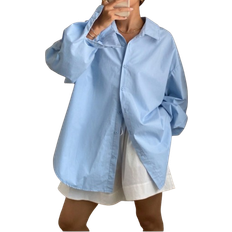 Shein Womens Solid Color Loose Long Sleeve Turndown Collar Backless Tied Bow Blouse