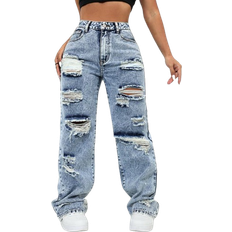 Shein WomenS American Street Style Personalized Trendy Ripped Straight Leg Jeans