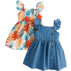 Shein Baby Girl 2pcs/Pack Fashionable Leaf Print Button Detail Ruffle Trim Sleeveless Dress & Solid Dress For Summer Holiday