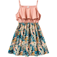 Shein Tween Girls Casual Patchwork Plant Print Ruffle Trim Decorated Strap Sundress