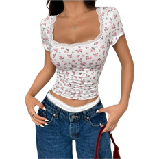Shein Ditsy Floral Print Contrast Lace Ruched Side Crop Tee