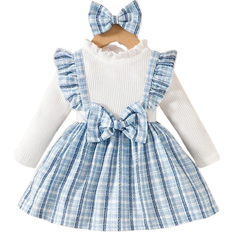 Shein Baby Girls' Long Sleeve Patchwork Dress - Blue Plaid/White