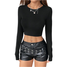 Shein Solid Color Long Sleeve Chinese Dragon Net Mesh Backless YK Going Out Fall Graphics Woman Black TShirt